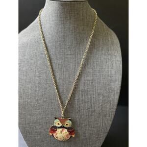 Vintage Zad Enamel Owl Necklace Gold Tone 30” Colorful Hippie Y2K Festival 80s